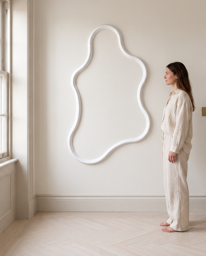 Aureen sierlijst aan de muur, naast een persoon als formaatindicatie