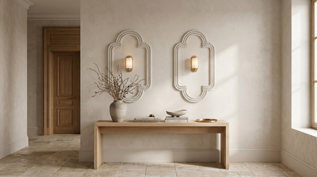 Haverly sierlijsten rond wandlampen boven een sidetable
